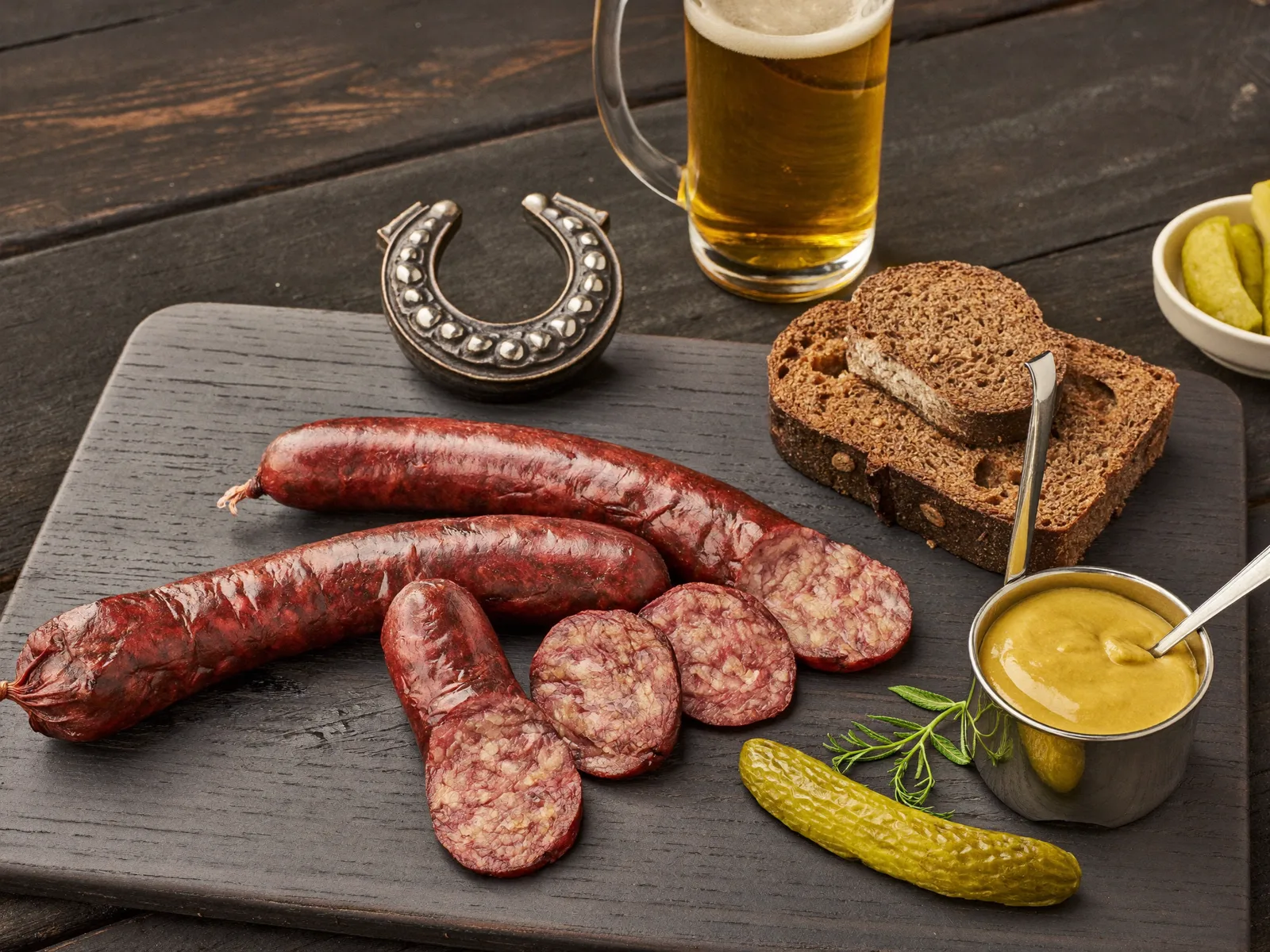 Gaulknacker auf rustikalem Brett mit Senf, Brot und Hufeisen-Garnitur